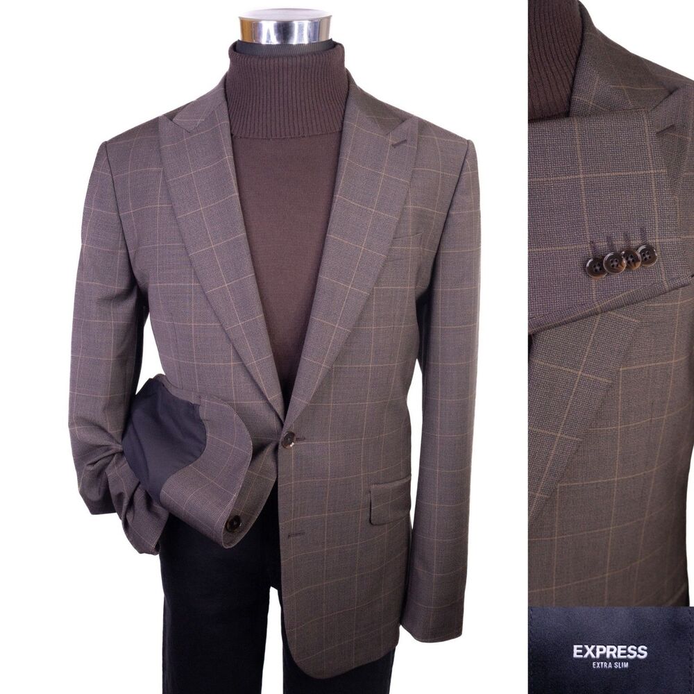 Express Men’s Blazer Extra Slim Size 44L Windowpane 2-Button Wool Blend Casual